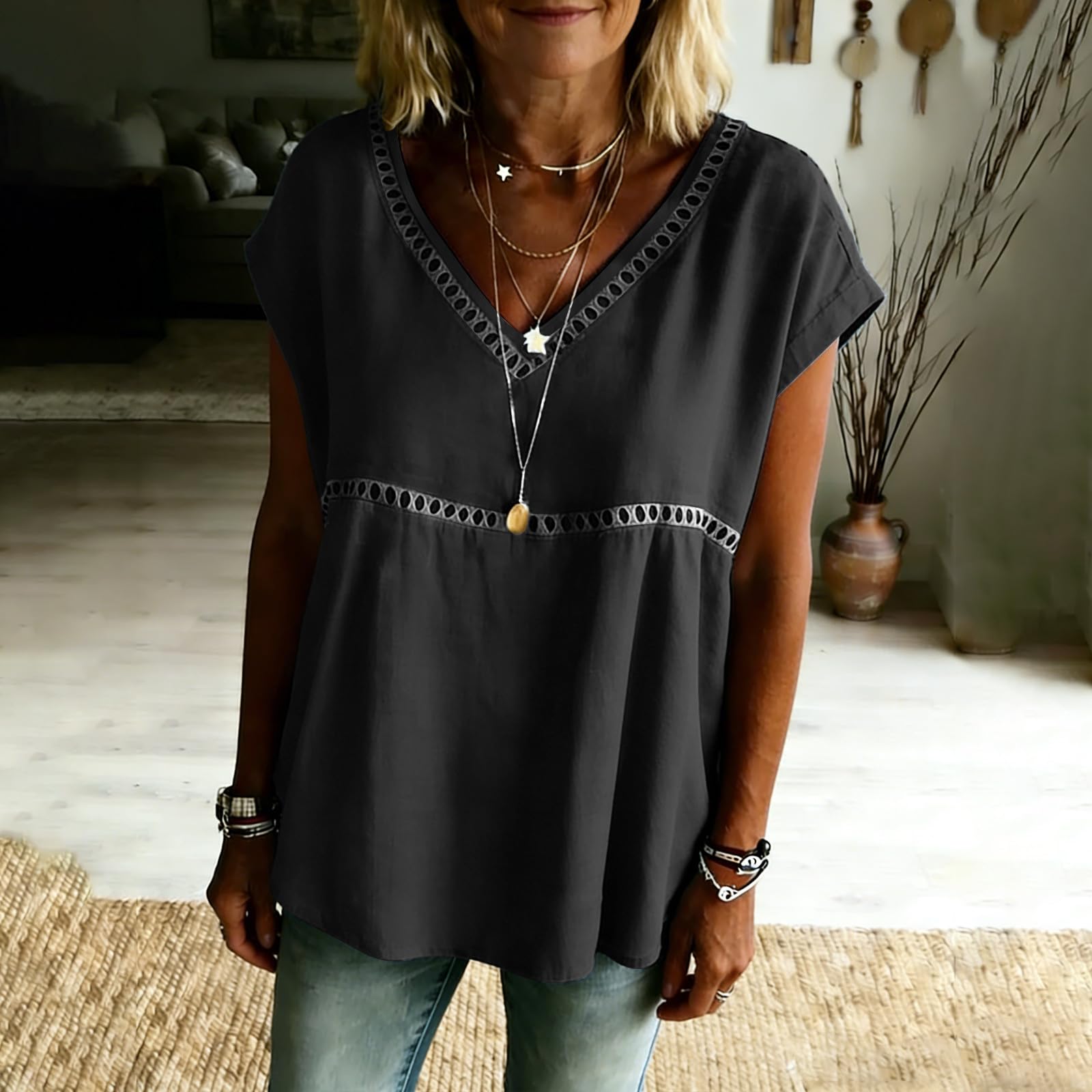 

WomenLoose V Neck Going Out Casual Tops Linen Shirts L чёрный