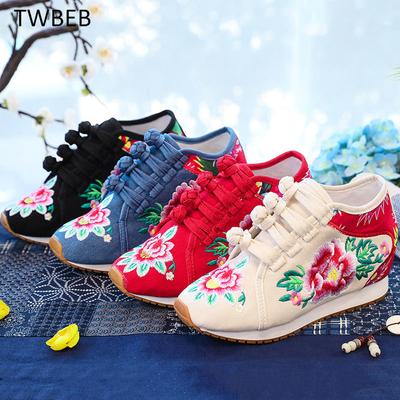 Mote Enkelsko/plysj Dame Casual Lerret Broderte Sneakers Mid-Top Snøring Damer Komfort Denim Bomull Reisesko