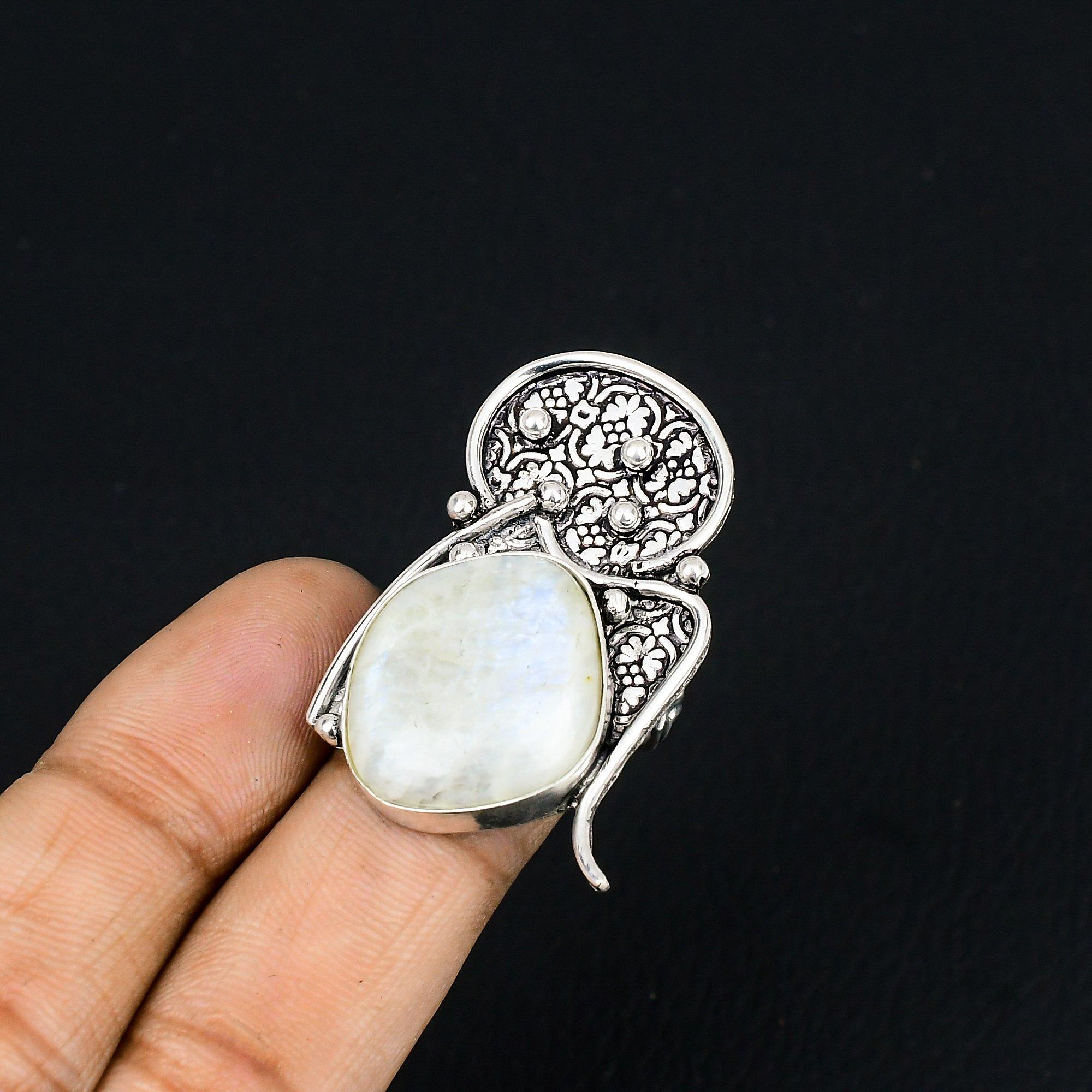 925 Silver Marquise Rainbow Moonstone Gemstone Statement Ring Jewelry Size 6.5 6.5
