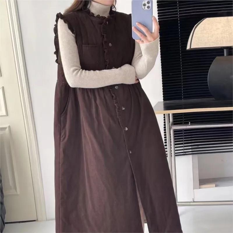 Johnature Fungus Trimmed Pinstrip Dresses Autumn Winter Loose Versatile Layered Women Dresses