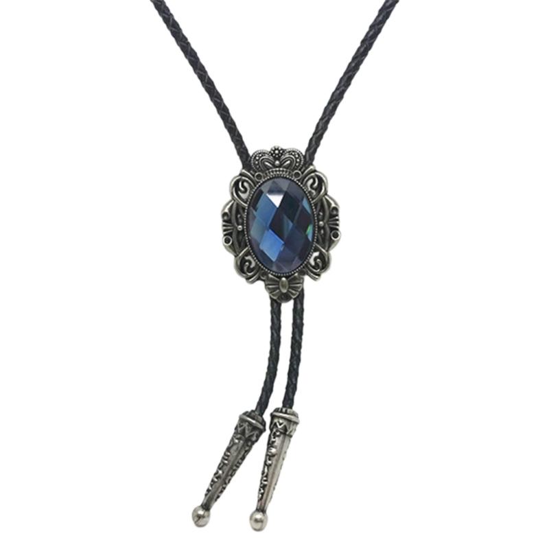 Mens American Bolo Tie Western Antique Crystal Cowboy Pendant Shirt Chain Collar Necktie Leather Rope Jewelry Necklace