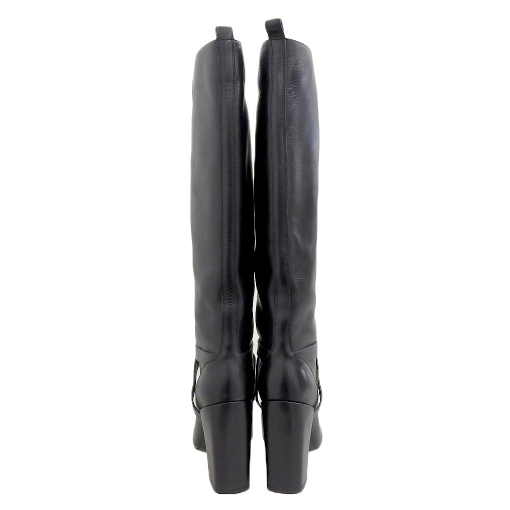 Yves Saint-Laurent Women's Black Leather Long Boots with Front Chain and Chunky Heel, Size 36 shoes 36 blackUsed