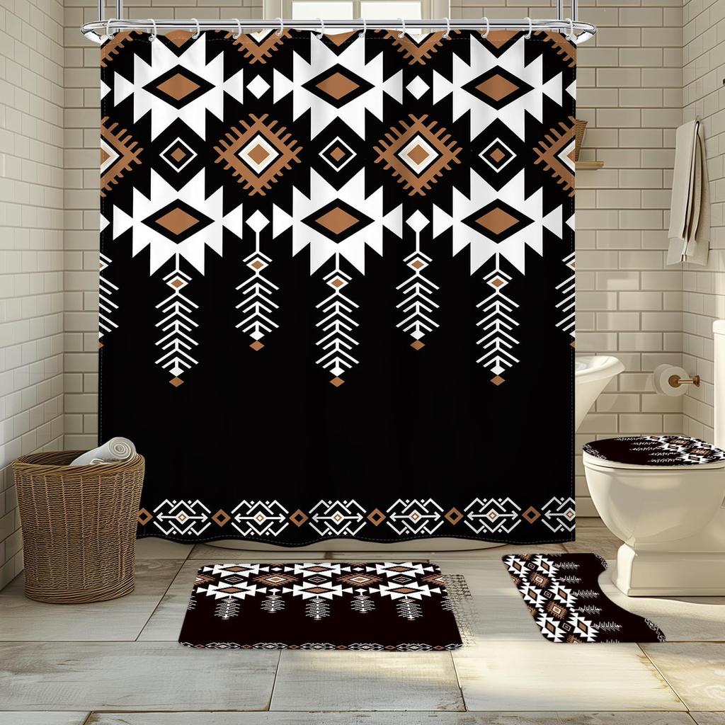 Black Aztec Western Shower Curtain for Bathroom Decor Abstract Boho Geometric Tribal Ethnic Retro American Brown Tan Simple