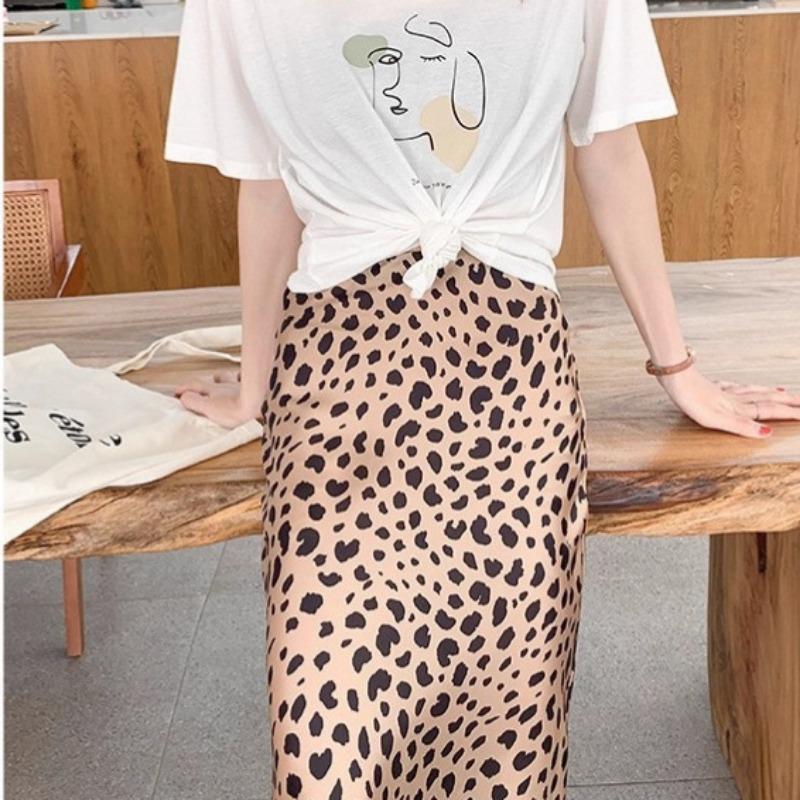 Women Leopard Print Chiffon Midi Skirt, High Waist Zipper Elastic Waist A-Line Skirt, Slim Flowy Skirt for Spring Summer Office Party Casual Outfits