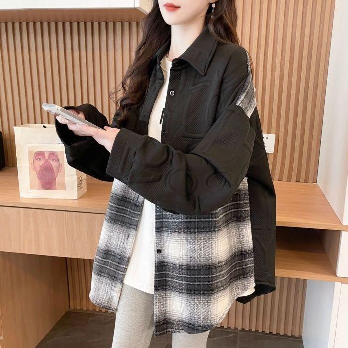 Casual Loose Lazy Style Patchwork Plaid Shirt Design Sweatshirt Jacket Leisure