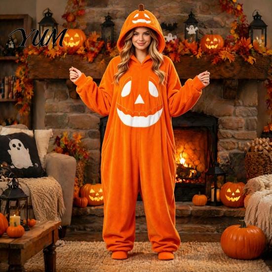 Unisex flísové pyžamo Halloweenský dýňový overal pro dospělé, Plyšový kostým s kapucí pro dospělé, Nadměrný volný domácí oblečení, Vtipný podzimní