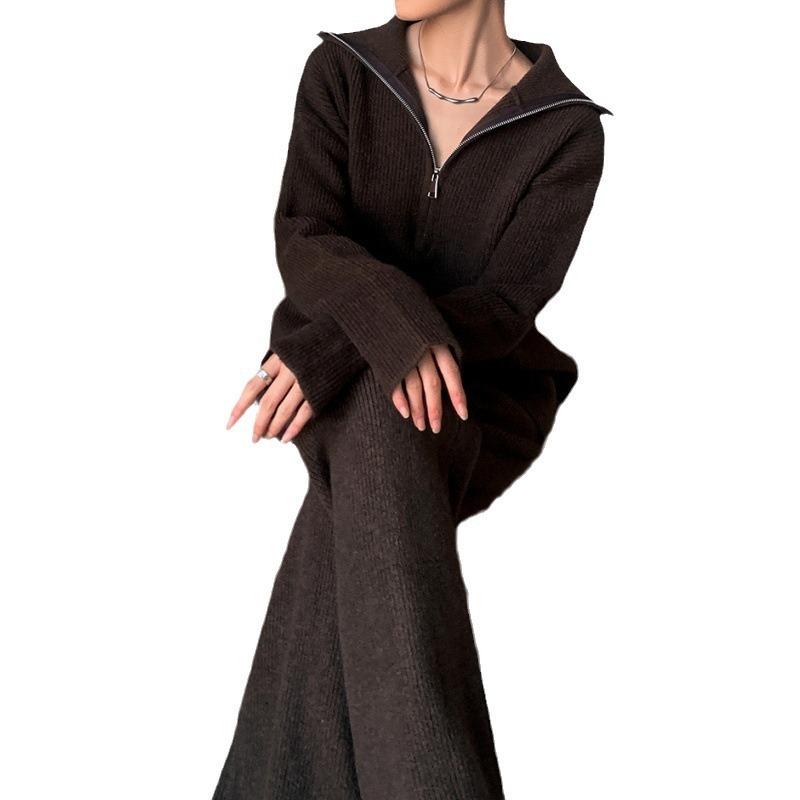 European and American style turtleneck zipper pullover sweater knitted suit women's autumn and winter loose wide-leg pants two-piece set