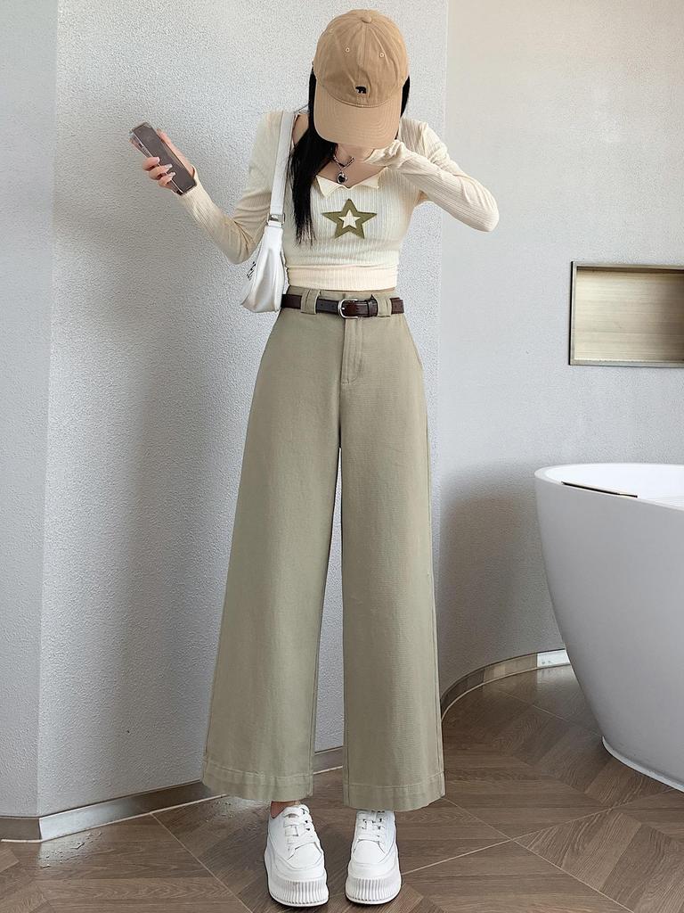 Women's Petite High-Waisted Tencel Washed Cotton Wide-Leg Slimming Cropped Pants