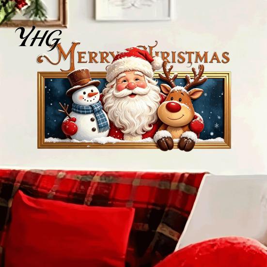 Holiday Background Decals for Shop Christmas Wall Stickers, Santa Claus Reindeer And Snowman with Photo Frame Indoor Ornaments Design, Removable