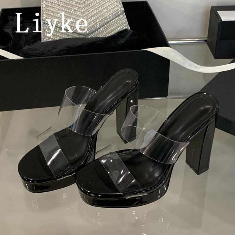 Fashion Liyke Sexy Thick Bottom Square Toe 12CM High Heels Platform Slippers Women Summer Party Prom Shoes PVC Transparent Sandal Female