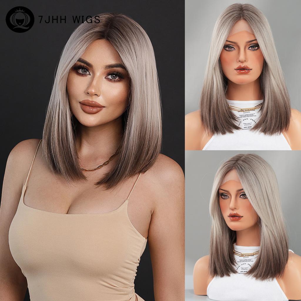 Ladies' Little T Front Lace Wig Synthetic Full Headset Brown Short Straight Hair Mid Split Bob Wigs