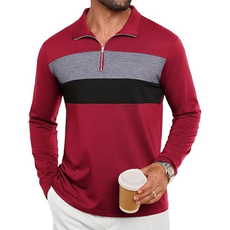 

Men s Quarter-Zip Polo Shirt Long Sleeve Colorblock T-Shirt Lightweight Casual Striped Golf Polo Shirt 3XL червоний