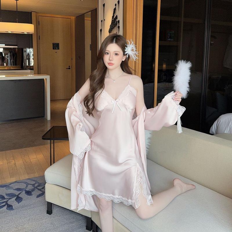 Moonlight Variations Shu Solid Color Pajamas Women's Chest Pad Ice Silk Suspender Pajama Two-piece Set Pure Desire Skirt and Robe Set