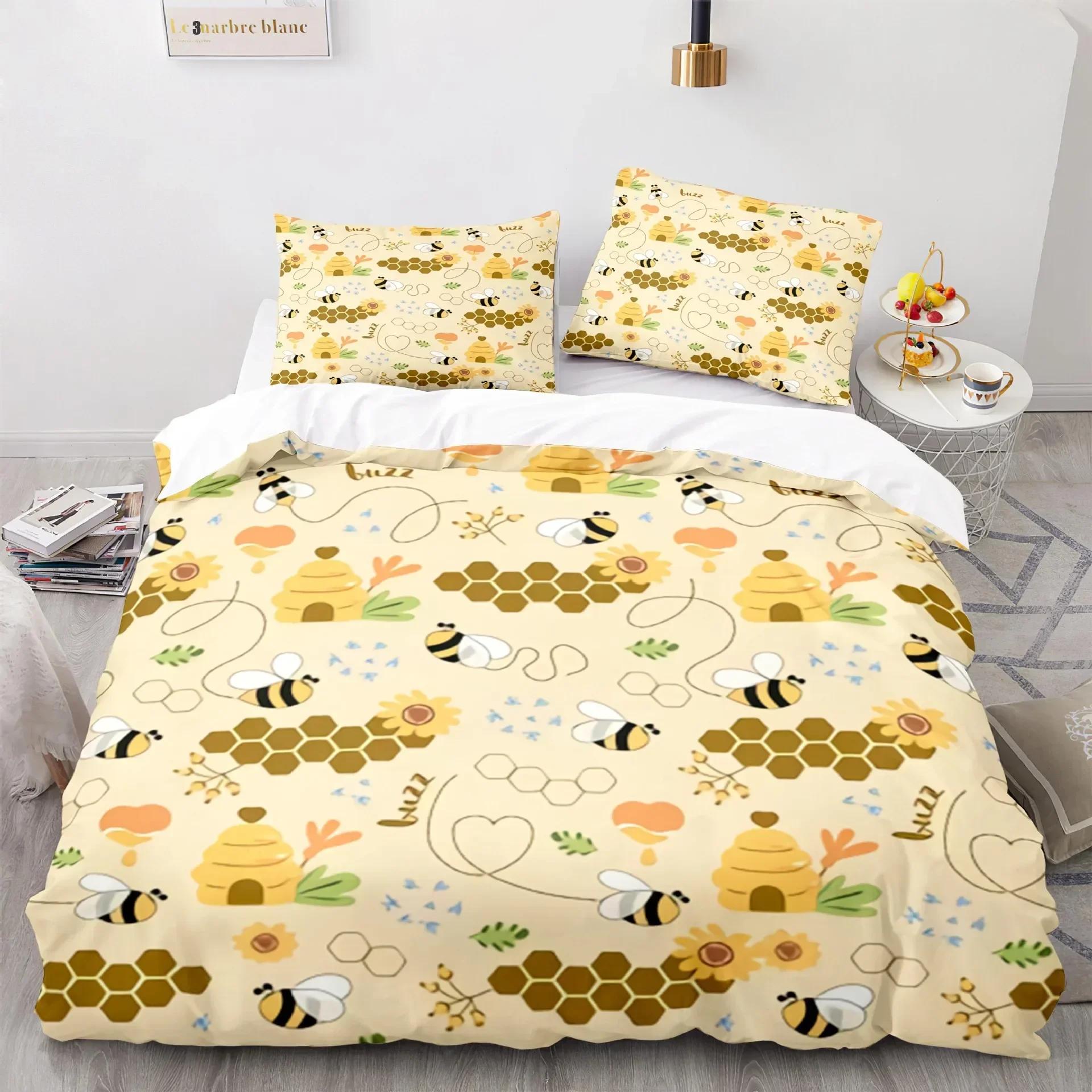 

Comforter 3Pcs Cute Cartoon Bee Bedding Set King Queen Sweet Honey Kids Boys Girl Spring Insect Polyester Comforter (quilt)-EU Single(135*200cm)3pcs