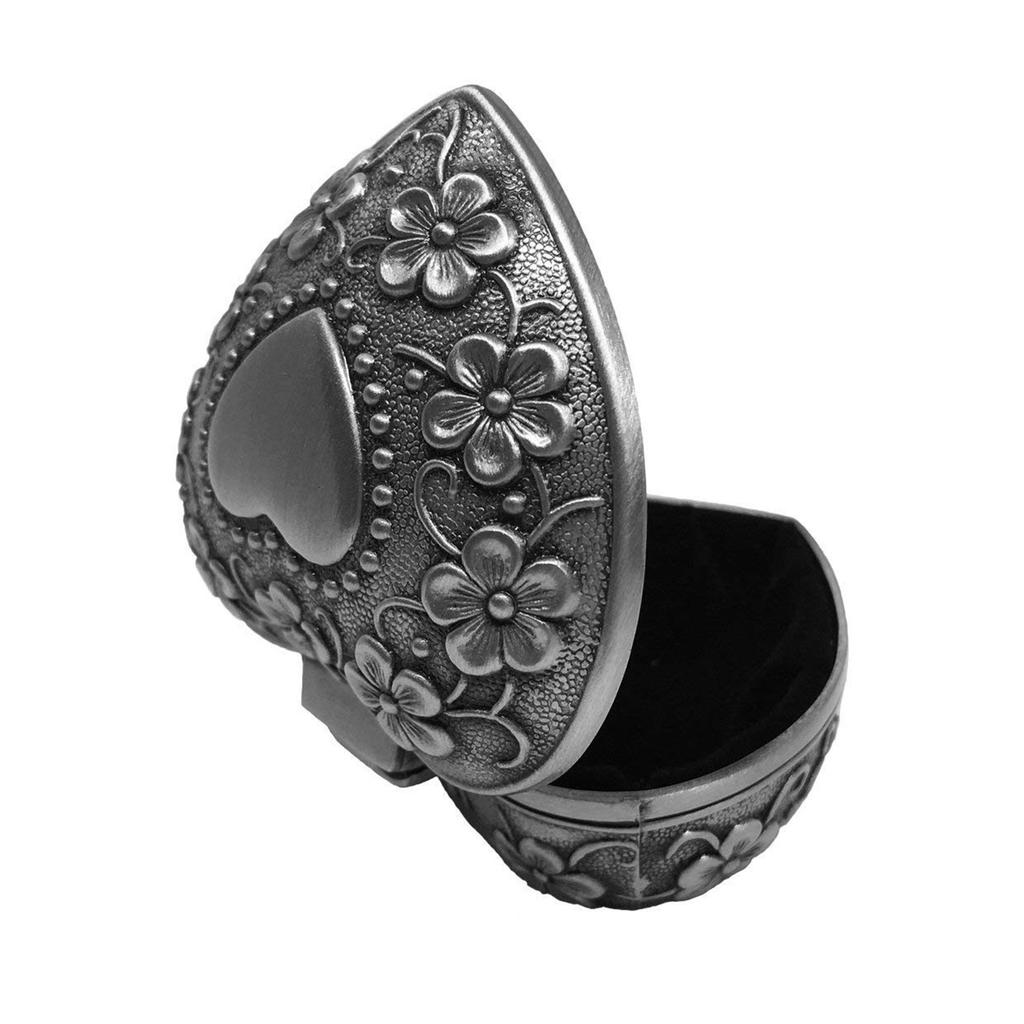 ABWR-2X Classic Vintage Antique Heart Shape Jewelry Box Ring Small Trinket Storage Organizer Chest Christmas Gift,Silver