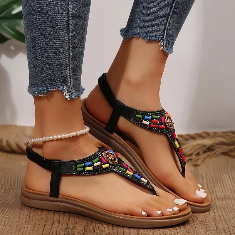 Fashion Womens Gladiator Sandals Fashion Bohemian Sandals for Women 2025 New Clip-Toe Flat Women Shoes Woman Pu Leather Non-Slip Sandals
