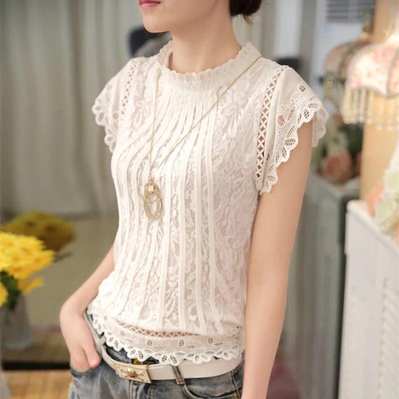 Summer Casual Solid Blouses for Women Petal Sleeve Floral Lace Tops Sweet Chiffon O-neck Short Shirts