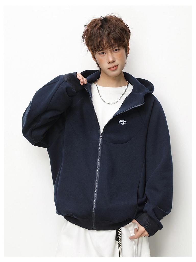 Men's Heavyweight Retro Color Block Embroidered Cardigan Hoodie Jacket