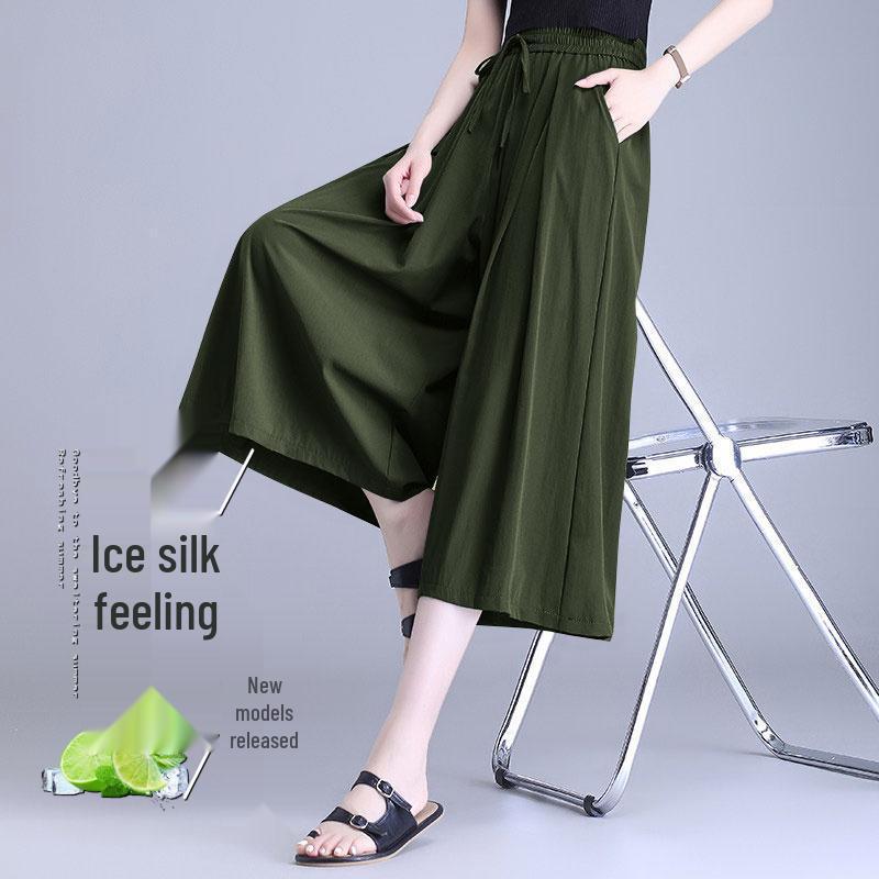 

Women s Petite Plus Size Ice Silk Wide-Leg Pants: Stylish Drawstring, Seven-Point Casual Pants Skirt for Spring & Summer L (Approx. 50-60 kg)