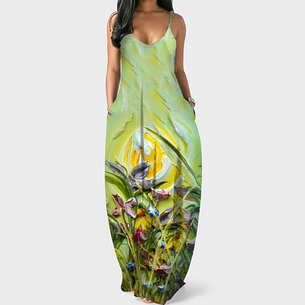 Women Summer  Sunflower Print Sleeveless Plus Size Pullover Long Dresses