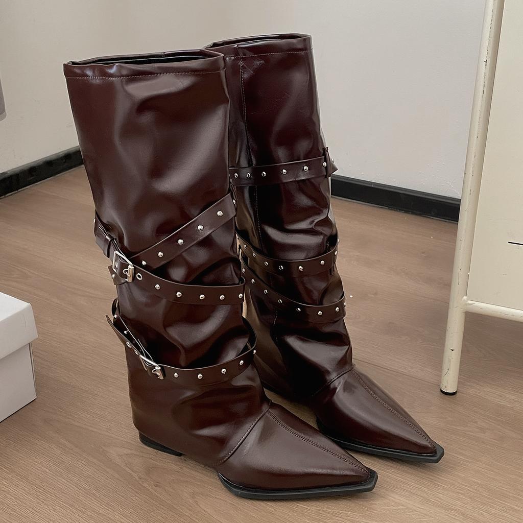 Brown Maillard pointed thick heel boots women's 2025 new autumn versatile skirt stacking knight boots