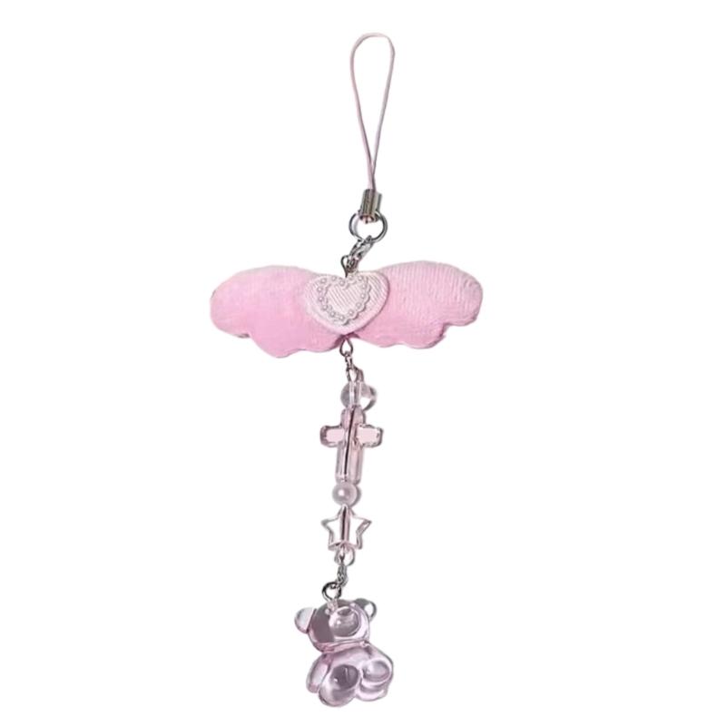 Sweet Bowknot Phone Charm Angel Wing Pendant Keychain for Bag Accessory Phone Strap Lanyard Beaded Key Chain Jewelry