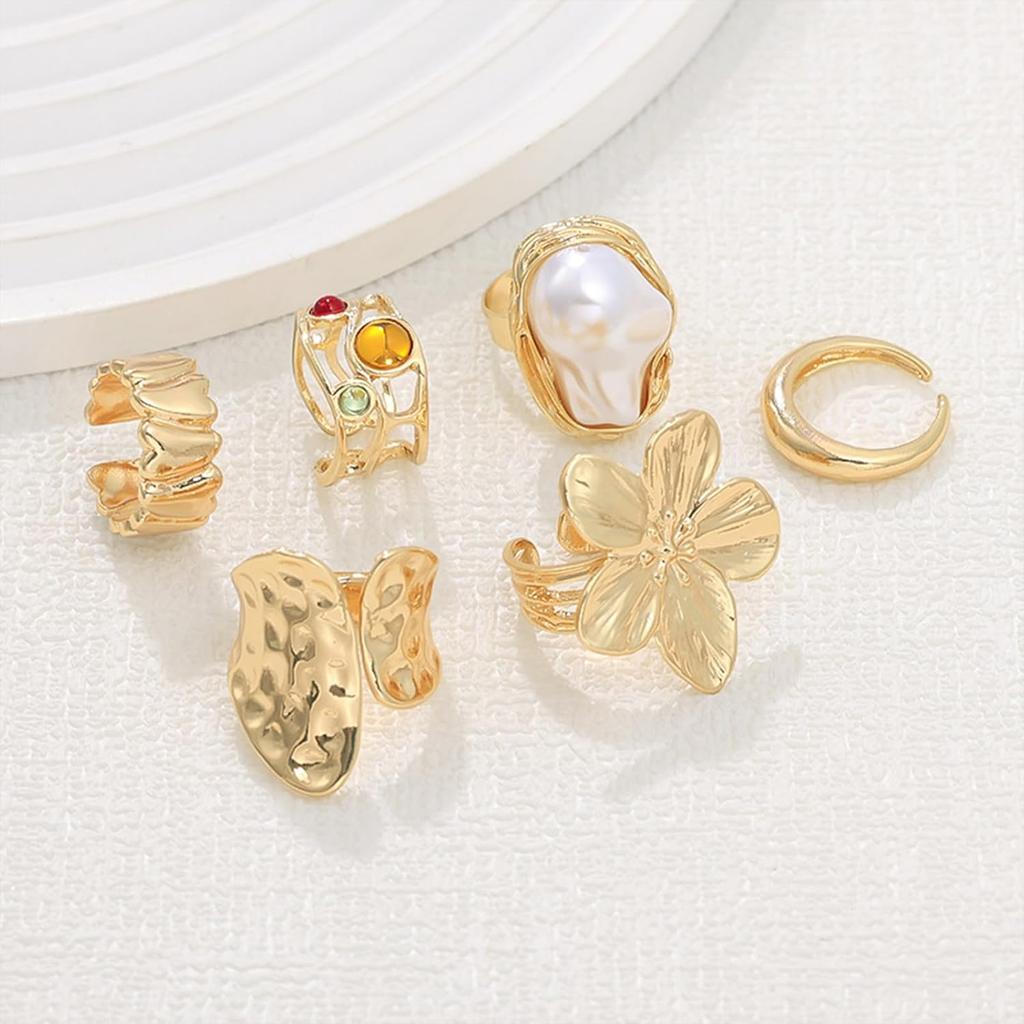 Chunky Gold Rings for Women Non Tarnish Statement Flower Ring Baroque Pearl Stackable Rings Set 6Pcs Chunky Jewelry