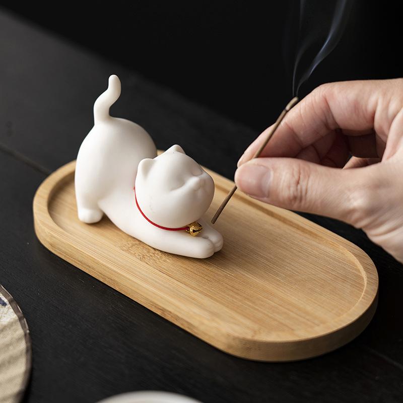 1Pc Mini Ceramic Cat Incense Stick Holder with Lovely Cat Design Home Decorative Ceramic Incense Burner