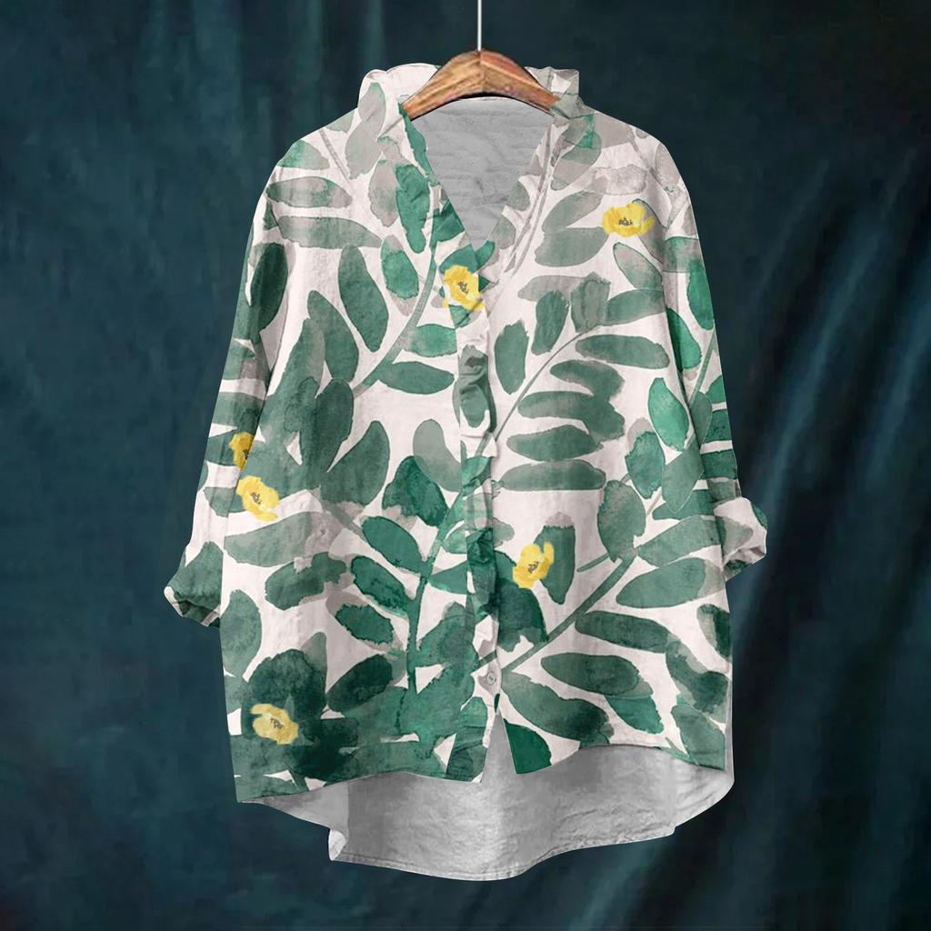 Dámský volný top s volánky, květinovým potiskem, stojáčkem a dlouhým rukávem z bavlny a lnu