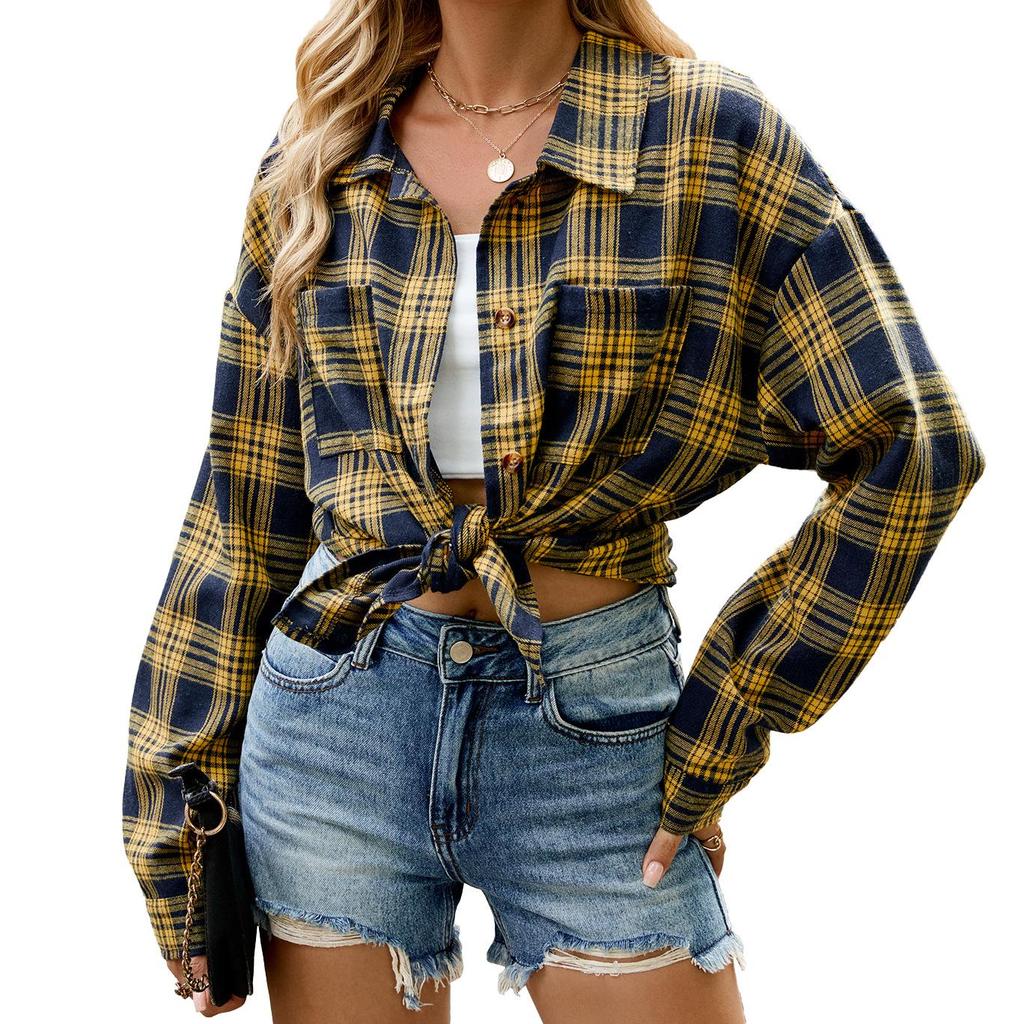 Spring and Autumn Jacket Women's Blouse Plus Size Lapel Long Sleeve Pocket Button Plaid Shirt