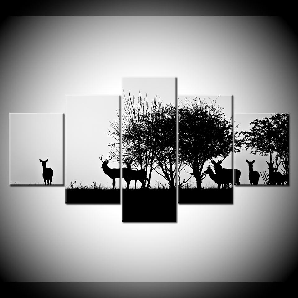 HD Prints Canvas Wall Art Home Decor Pictures 5 Pieces Black silhouette of a hunter and dog in the forest Posters