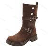Vintage Women Western Cowgirl Boots Fashion Belt Buckle Shoes New 2024 Autumn Winter Thick Heel Ladies Knight Mid Calf Booties