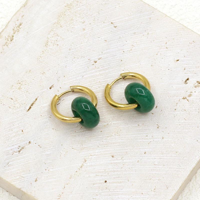 Chic Gold-Plated Stainless Steel Hoop Earrings with Natural Stone Pendants - European & American Street Style for Women