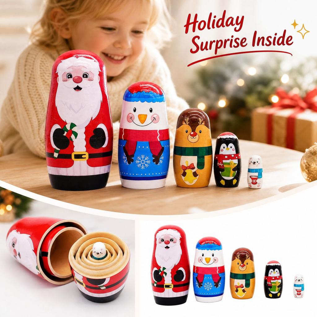 Wooden Nesting Dolls Toy for Kids, Birthday Christmas Gift