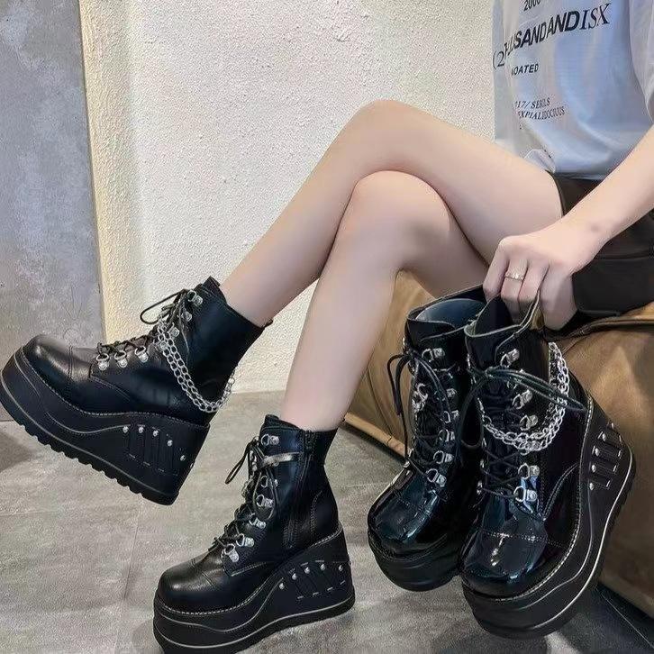 Women's Demonia Gothic Platform Wedge Boots Studded Rivets Dark Punk Ankle Boots Plus Size Martin Combat Boots