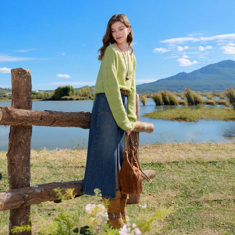 Sancai 2026 Spring Denim High-Waist Slit Skirt