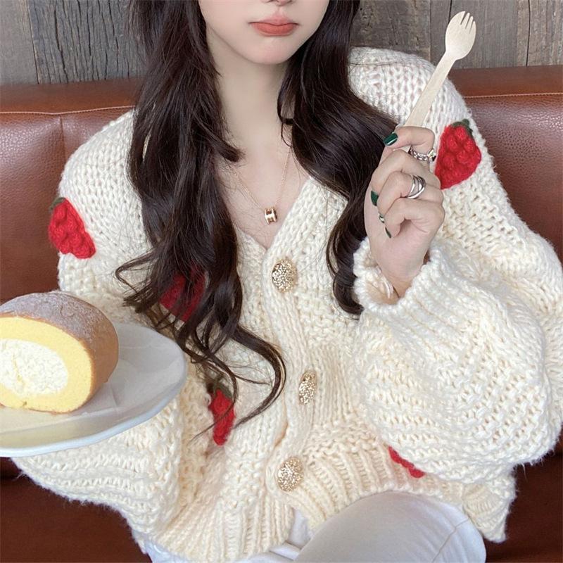 Cute gentle pink sweater cardigan women's spring and autumn sweet wind strawberry loose knitted jacket V-neck short top