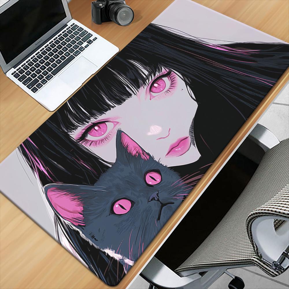 Japanesestyle Purple Cat with Girl Animestyle Extra Large Mouse Mat Highdefinition Printed Gaming 800X300x2mm