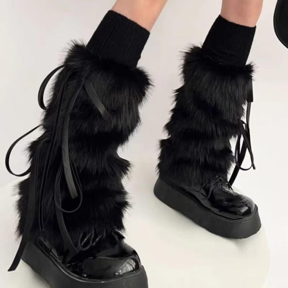 

Solid Color Faux Fur Furry Leg Warmers Y2k Spicy Girl Lace Up Leg Warmers Foot Cover Warm Women s Stockings Fall Winter One Size чёрный