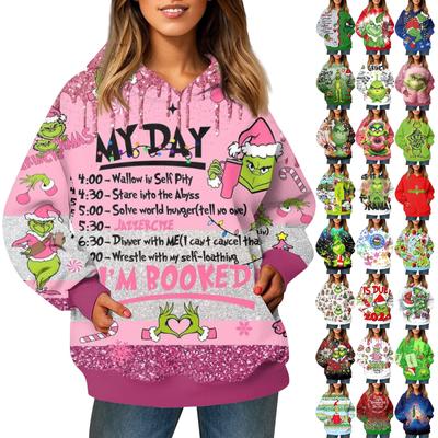 Sudadera con capucha y bolsillo con estampado navideño de manga larga de moda para mujer