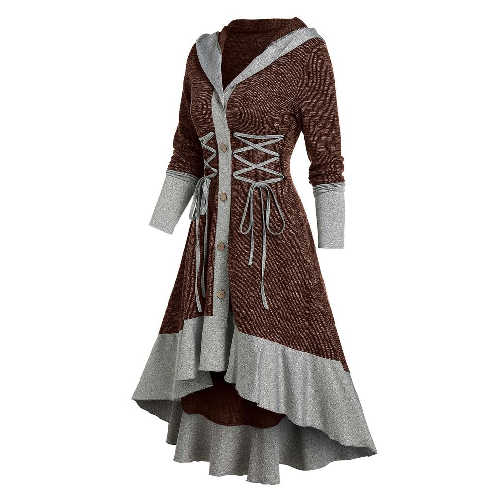 Women  Contrast Ribbed Ruffles Flare Sleeve Button Coat High Low Cardigan