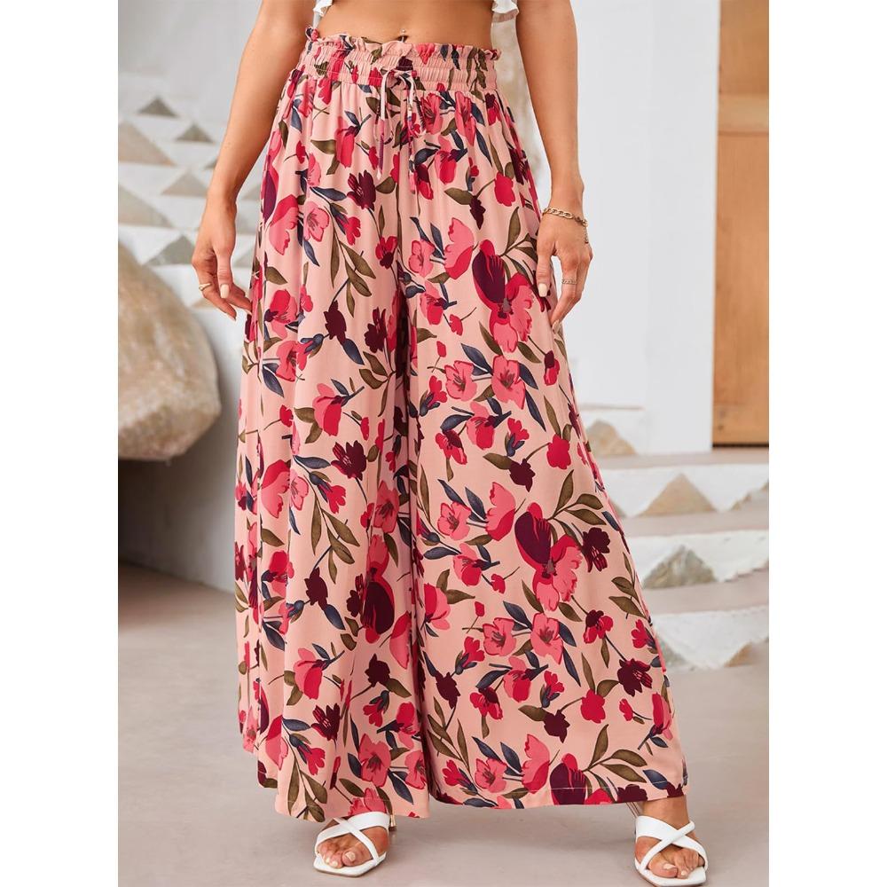 Women's Mid Waist Digital Printed Pocket Design Loose Wide Leg Casual Long Pants