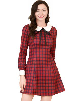 Allegra K Women's Round Collar A-Line Checkered Dress with Long Sleeves, Red, Size L