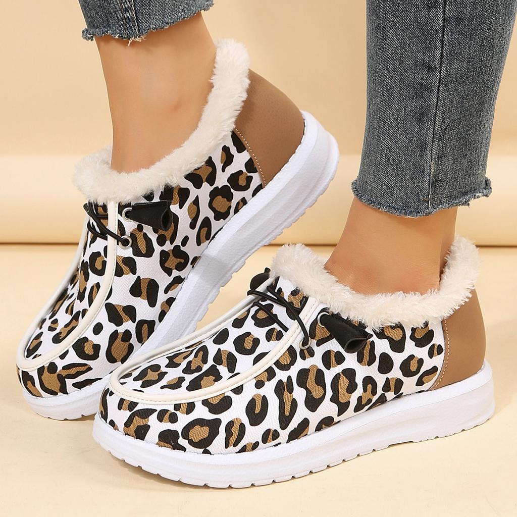 Winter thick-soled shallow-mouth low-top warm cotton shoes women's velvet thickened leopard print snow boots