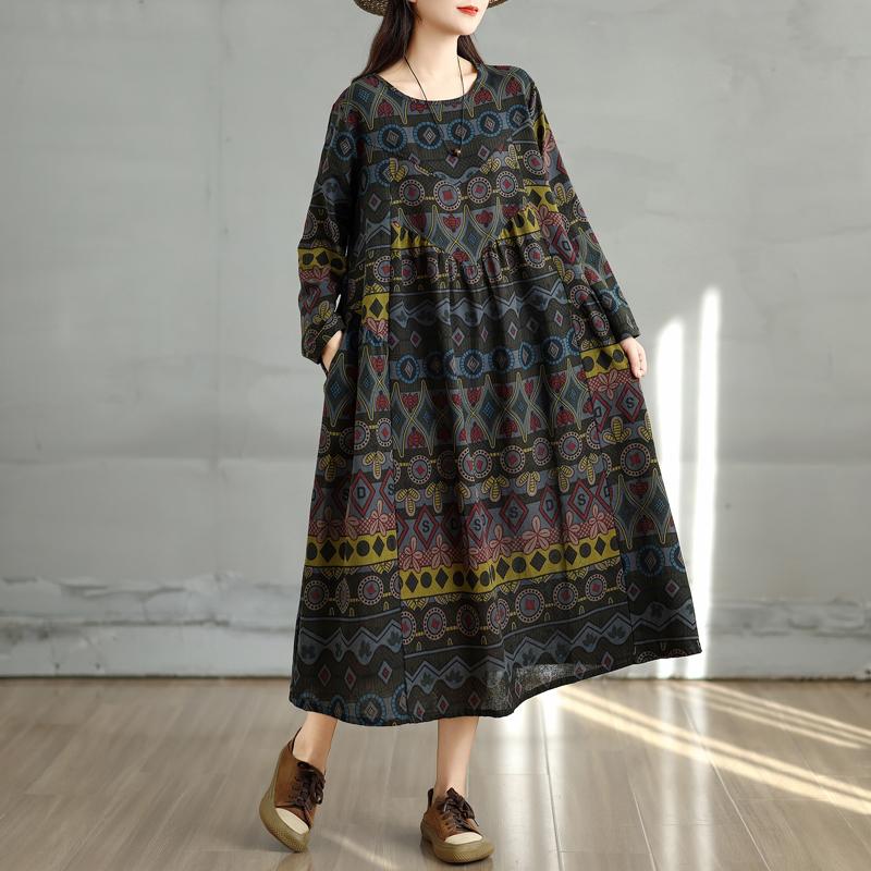 Dimanaf 2025 Women Plus Size Spring Long Dress Loose Basic Printing Vintage Casual Floral Oversize Long Sleeve Maxi
