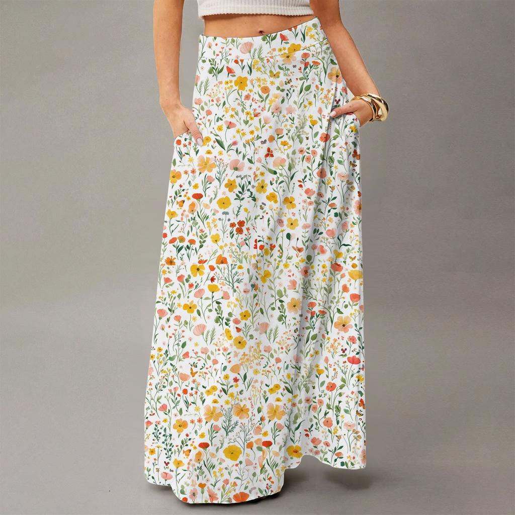 Damen Lässig Freizeit Faltbar Blumenmuster Hohe Taille Mit Tasche Drapierter Entspannter Langer Maxi-Rock