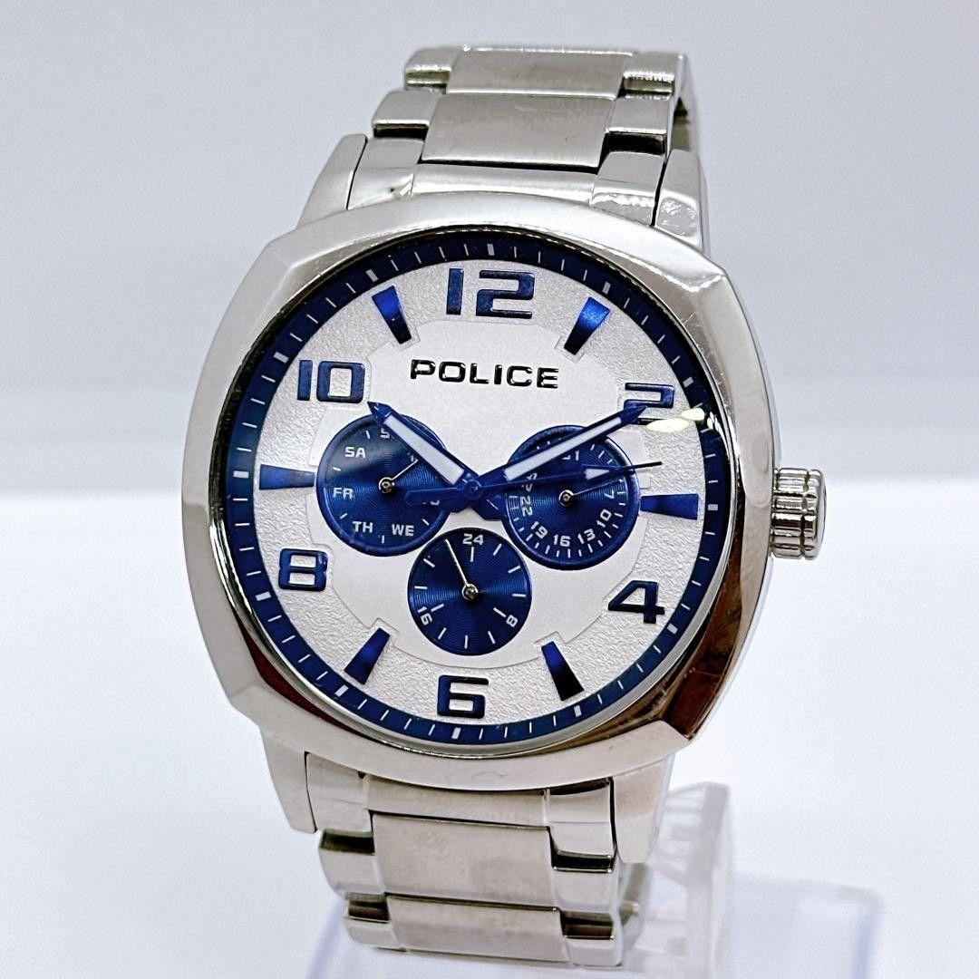 Used Police 14582J Men s Watch Day Date White Blue Operation confirmed