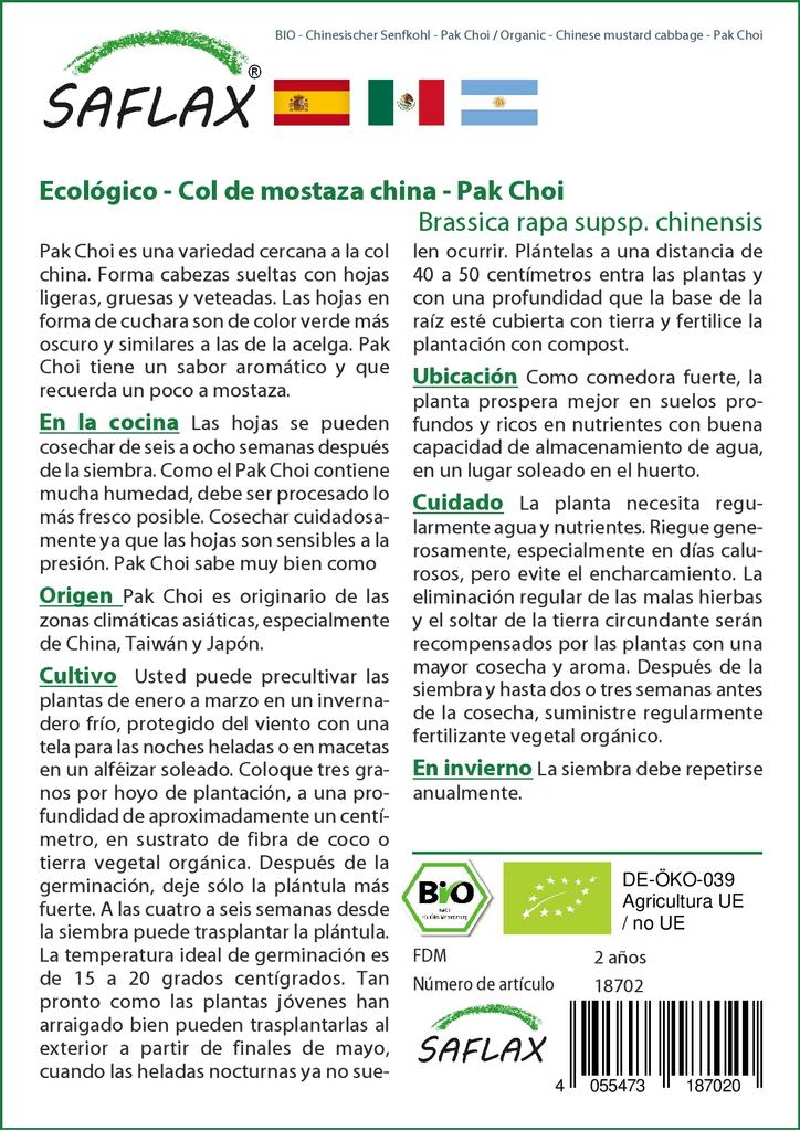 SAFLAX Garden In the Bag - Organic - Chinese Mustard Cabbage - Pak Choi - 300 Seeds - With Substrate In a Fitting Stand Up Bag - Brassica Rapa