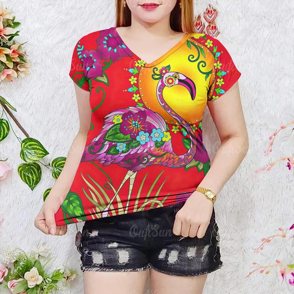 

Летняя женская футболка с рисунком фламинго, модные топы с V-образным вырезом, футболки, женская повседневная одежда с коротким рукавом, стильная женская уличная одежда 3XL