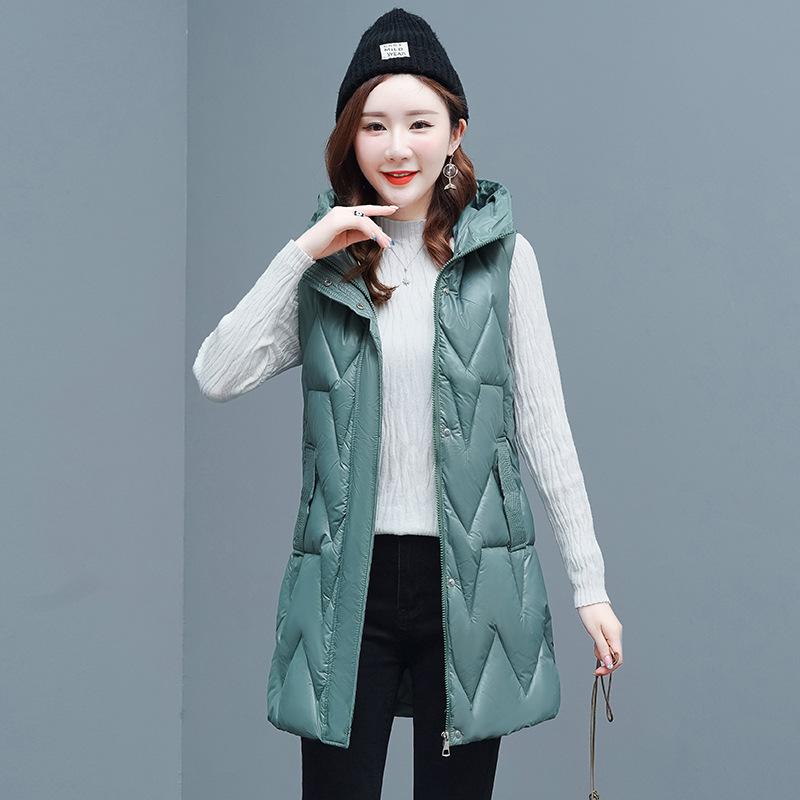 Outono e inverno feminino cor sólida com capuz solto espessamento quente meados de comprimento sem mangas colete jaqueta feminina